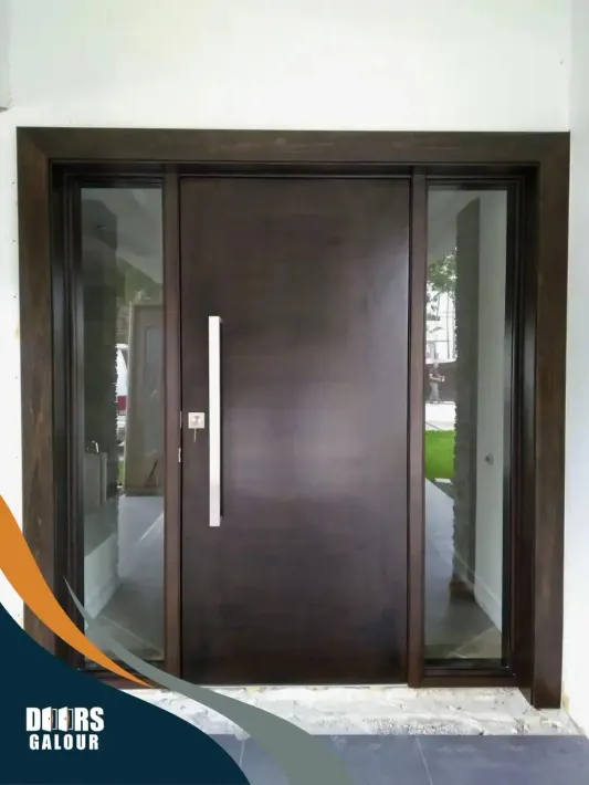 A large wooden door with a glass frame is sitting in front of a white wall.
