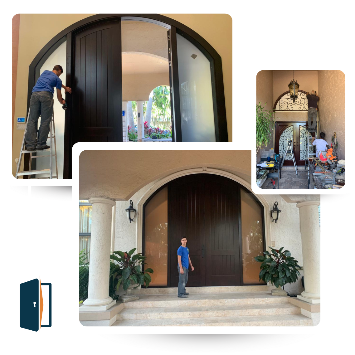 Collage of images showing workers installing or repairing a large, dark brown door with arched glass panels.