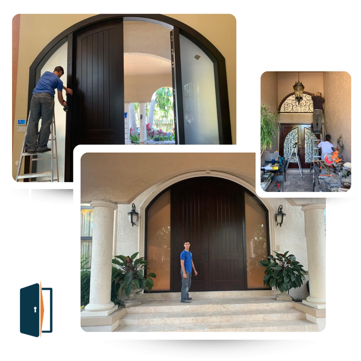 Collage of images showing workers installing or repairing a large, dark brown door with arched glass panels.
