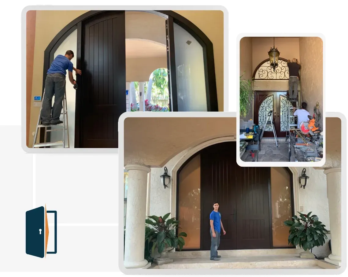 A man is standing in front of a large door after installing it.