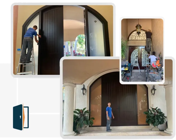 A man is standing in front of a large door after installing it.