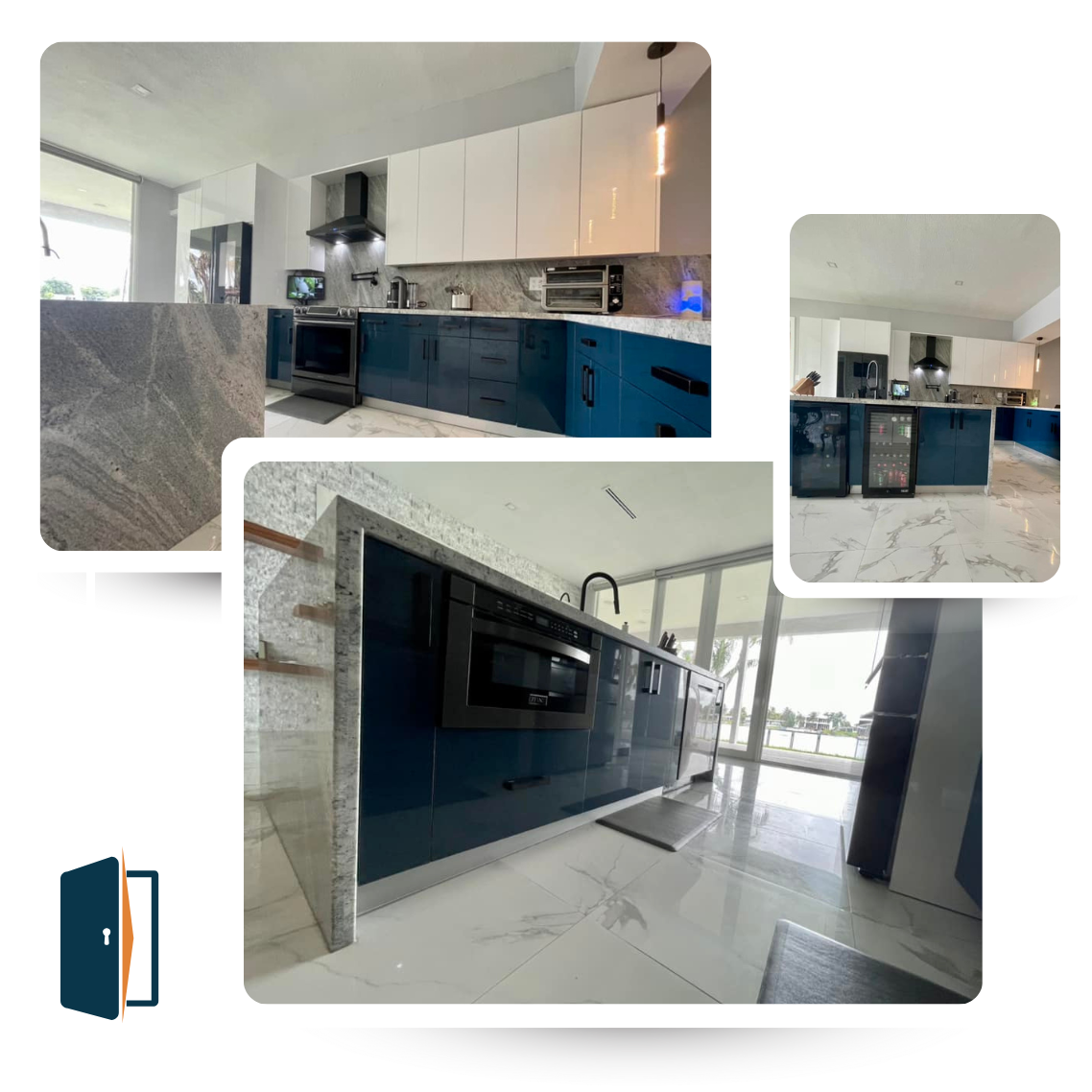 Modern kitchen with white and blue cabinets, stainless steel appliances, and island.