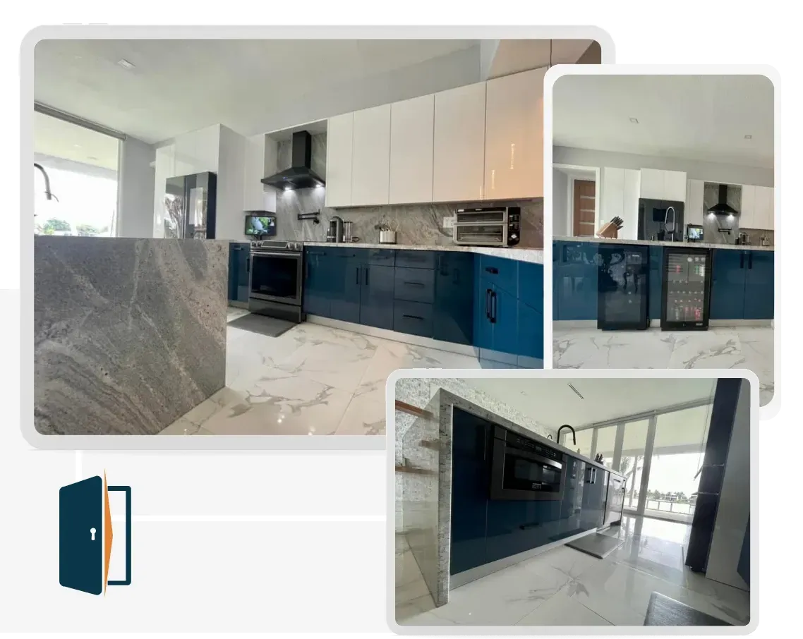 A collage of photos of a kitchen with blue cabinets and white counter tops.
