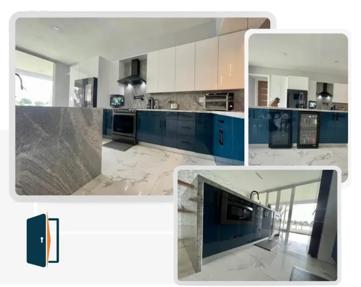 A collage of photos of a kitchen with blue cabinets and white counter tops.