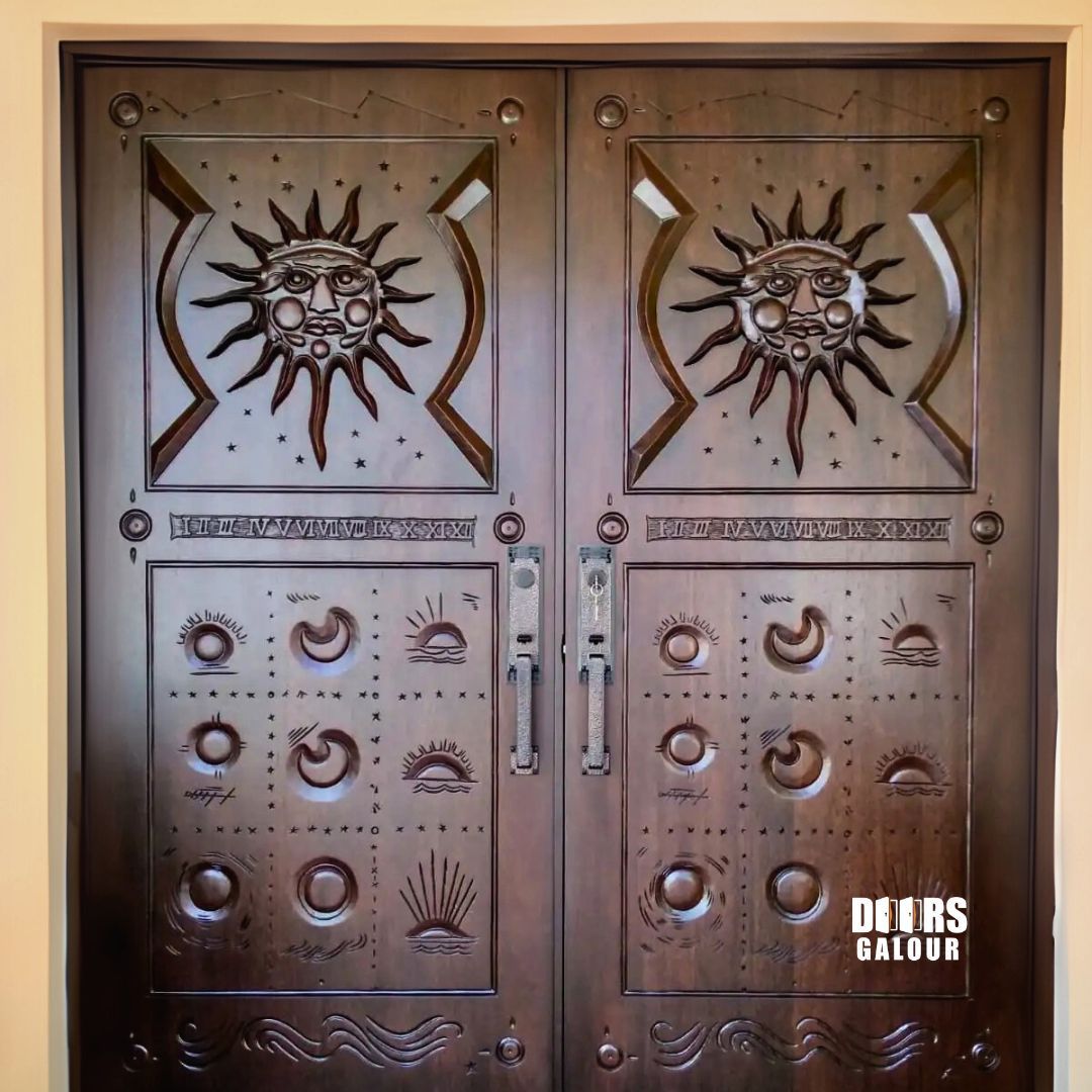 Double wooden doors with arched glass panels and black decorative ironwork.