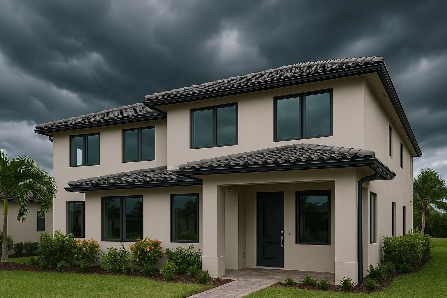 A South Florida hurricane-proofed house with a lot of impact windows and a cloudy sky 