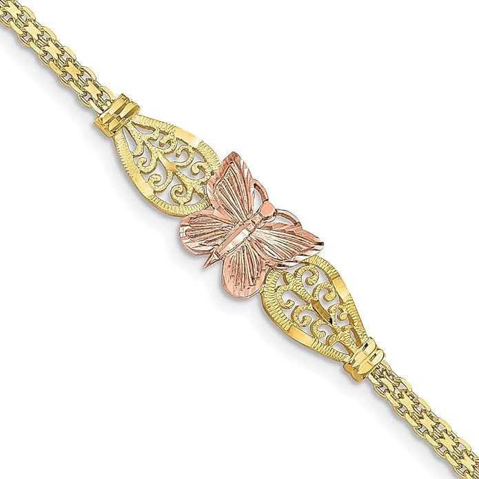 14k Two Tone Gold Butterfly Chain Charm Bracelet
