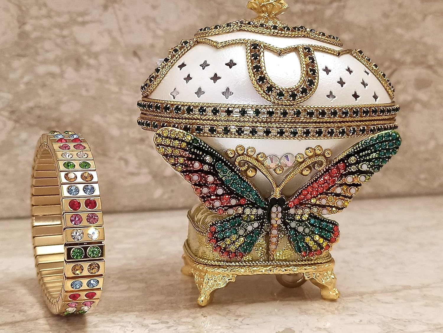 Butterfly Fabergé Egg Music Box 6ct Emerald, 24kGold & 2ct Crystal Gem Bracelet