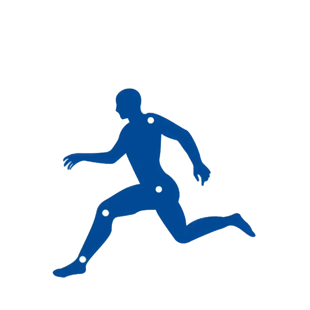 Une silhouette bleue d'un homme qui court avec des articulations illustrées.