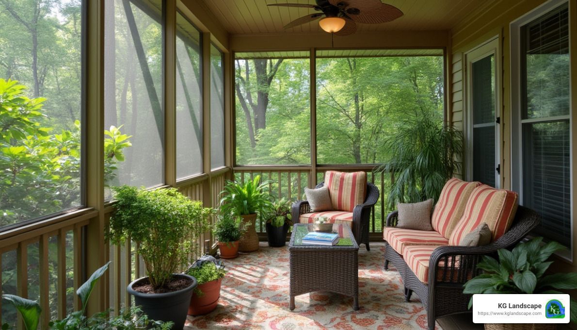 Screened-In Patio with Comfortable Seating and Greenery - screen patio contractors near me - screen