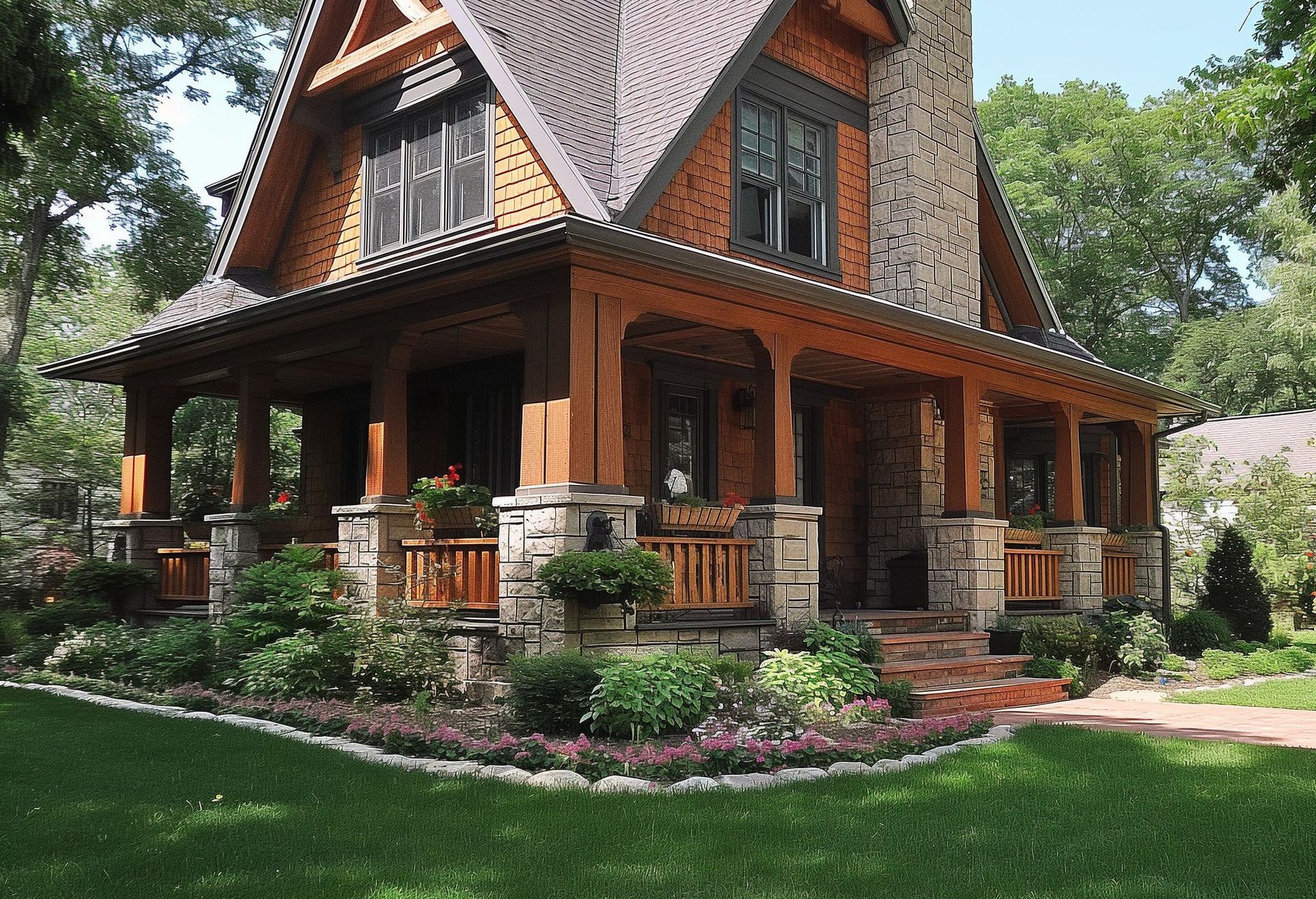 A large craftsman house with a large porch and a stone chimney