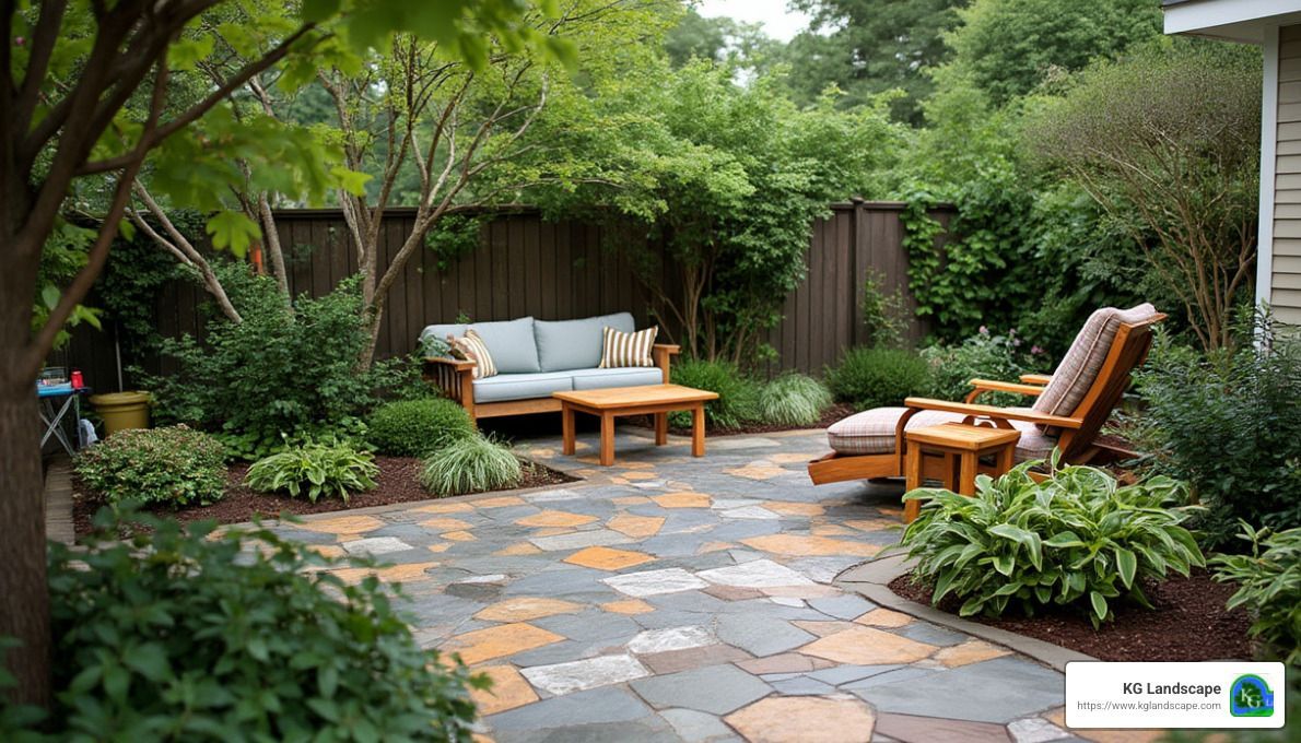 Backyard with beautifully designed pavers - backyard paving company