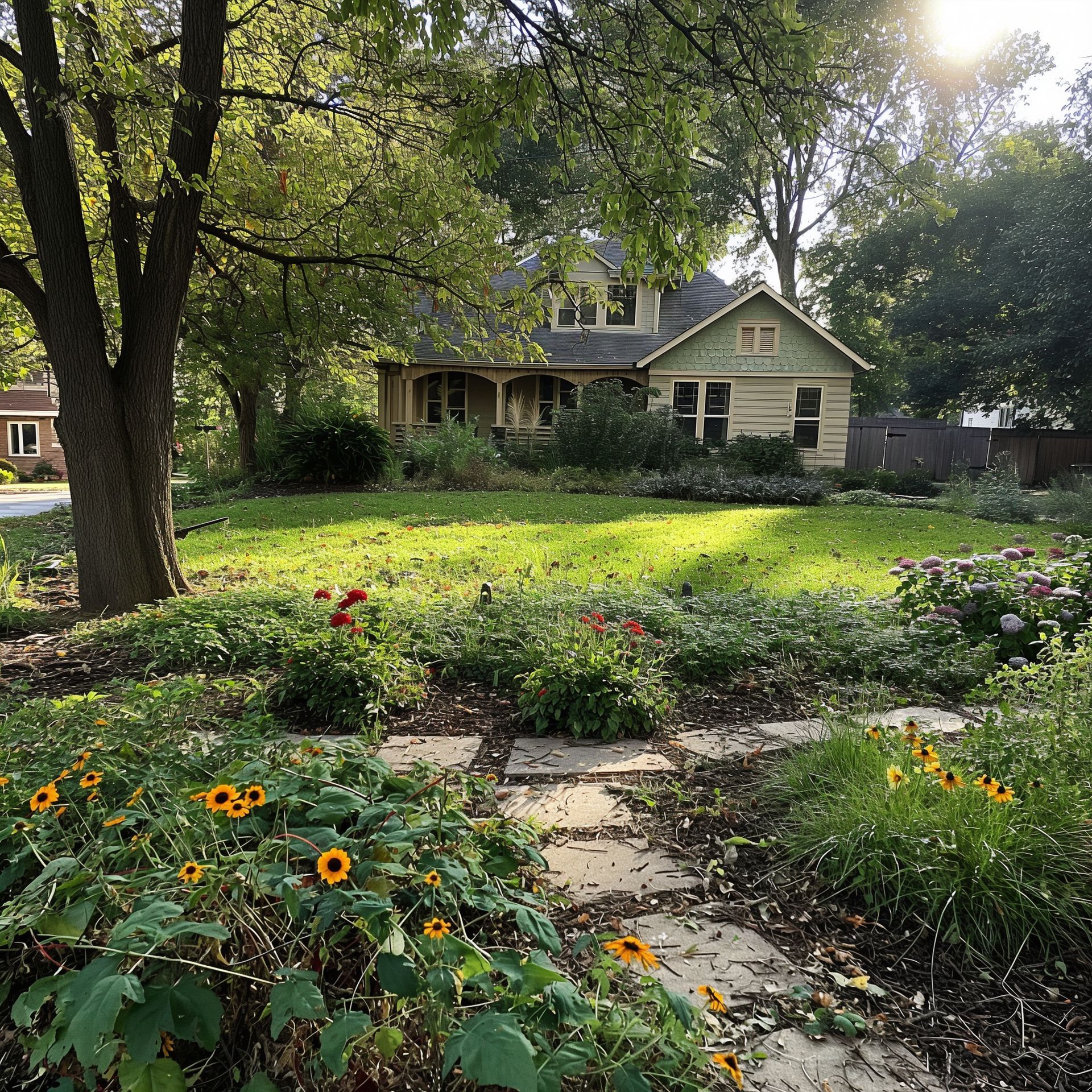 A house with a lot of flowers in front of it