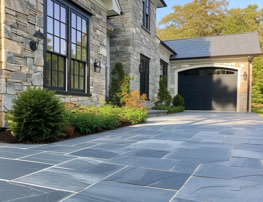 A driveway leading to a large stone house with a black garage door.