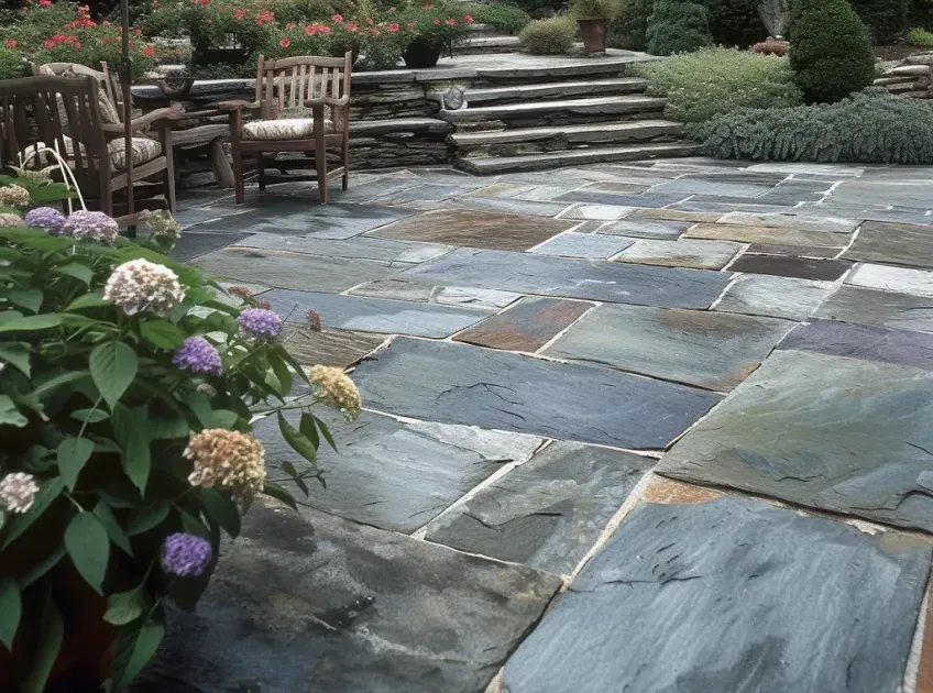 A stone patio with flowers and chairs in the background