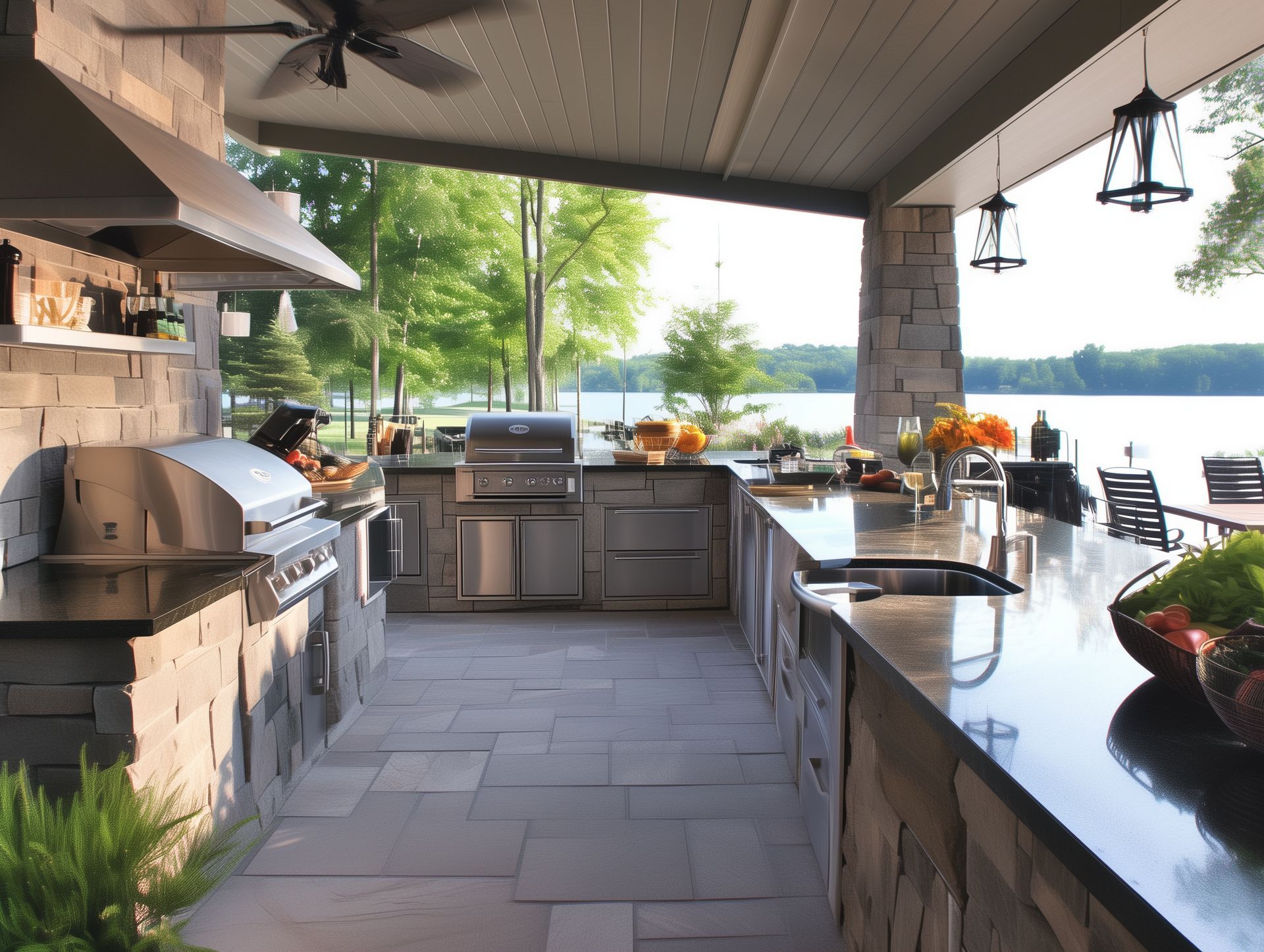 An outdoor kitchen with a view of a lake