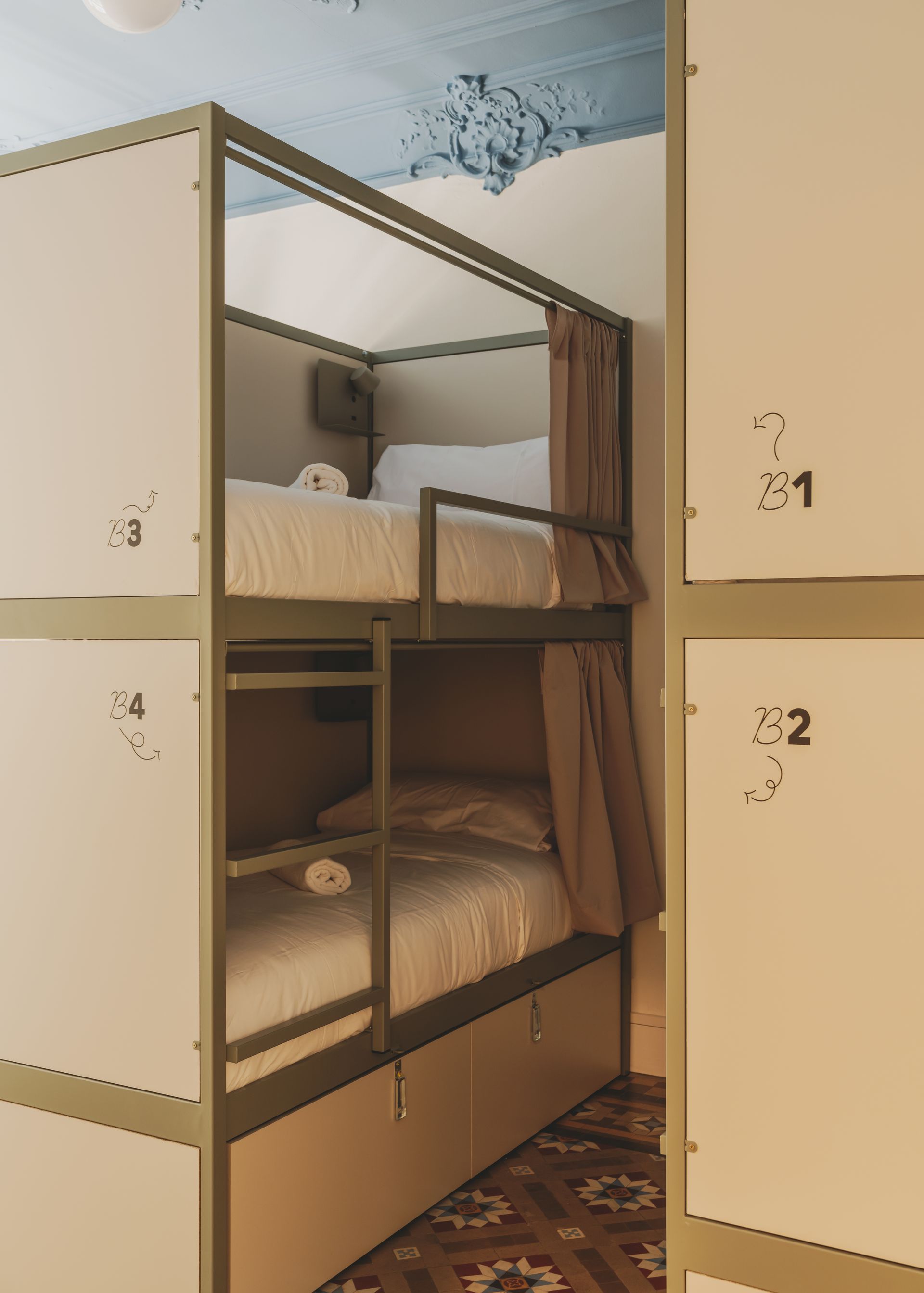 A bunk bed is stacked on top of each other in a room.