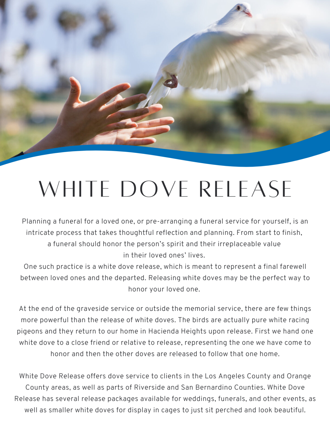 A white dove released from a hand, blue banner with text about releasing doves for memorials.