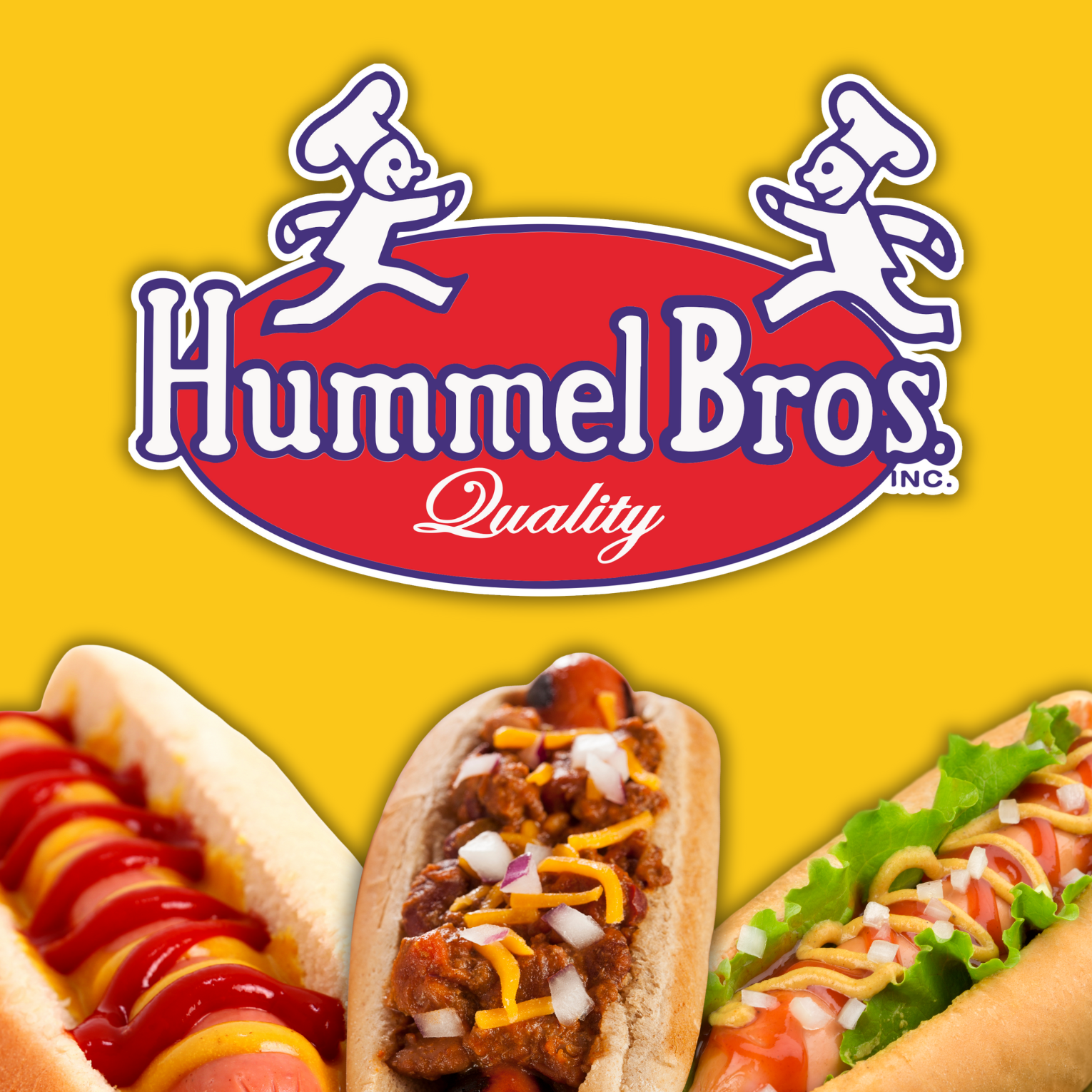 Hummel Bros. hot dogs: Logo with running chefs above three hot dogs with toppings.