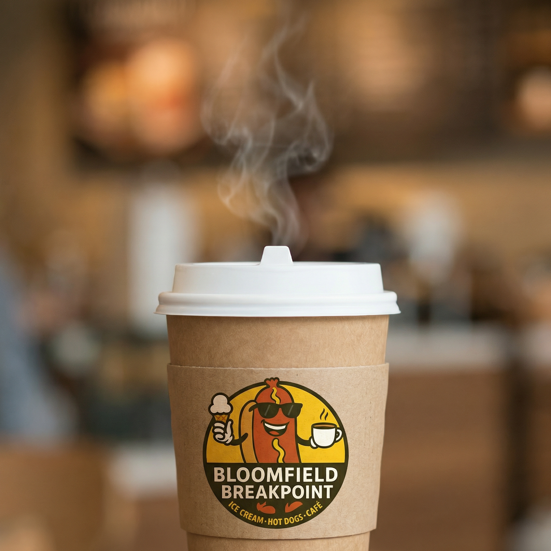 Steaming coffee in a branded paper cup. Bloomfield Breakpoint logo with a hot dog wearing sunglasses.