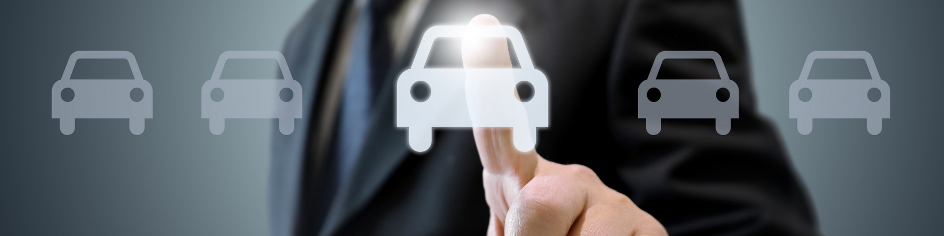 Row of car icons, with the center white car highlighted by a bright glow.