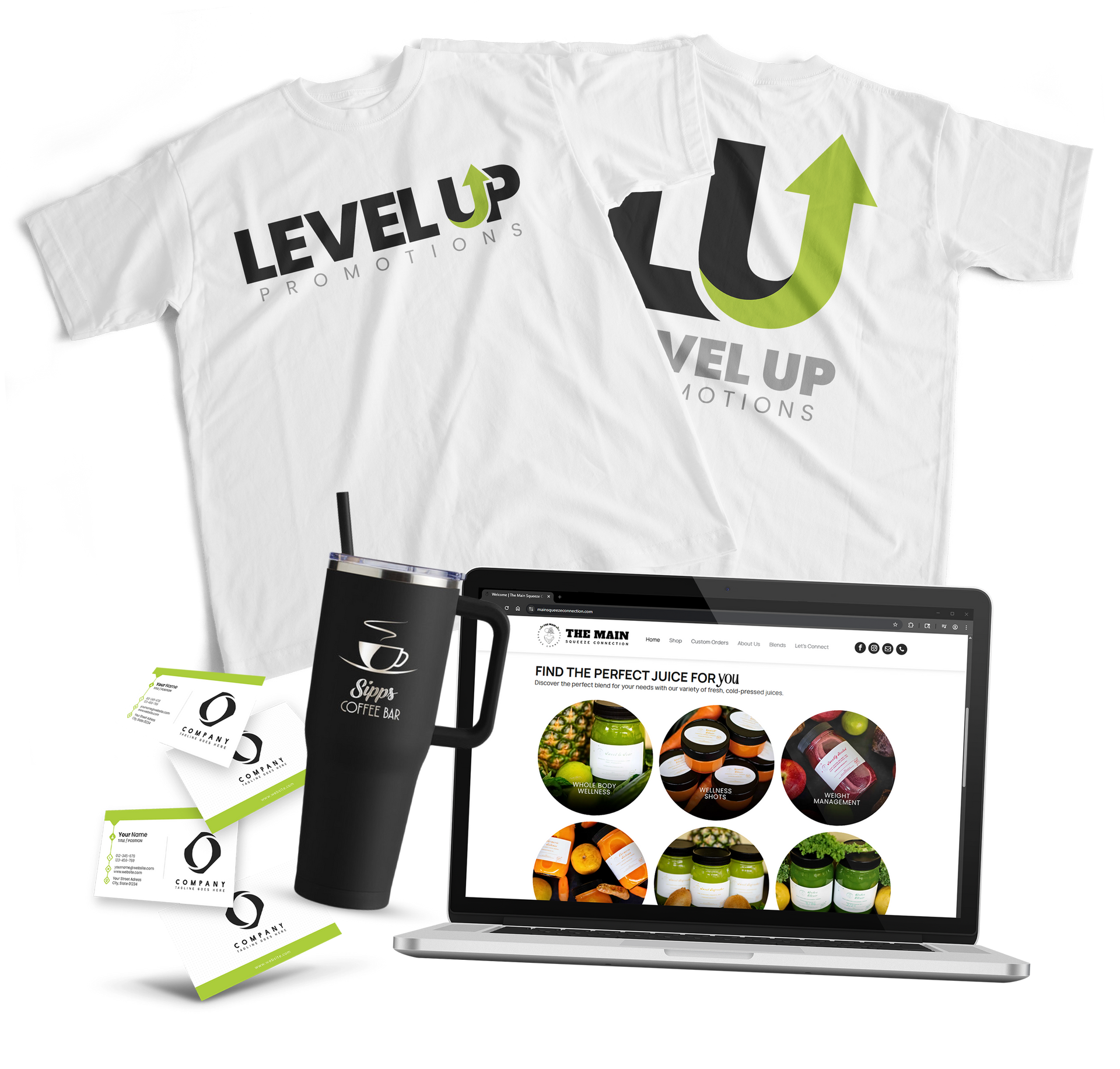 Two white t-shirts, front and back, with the 