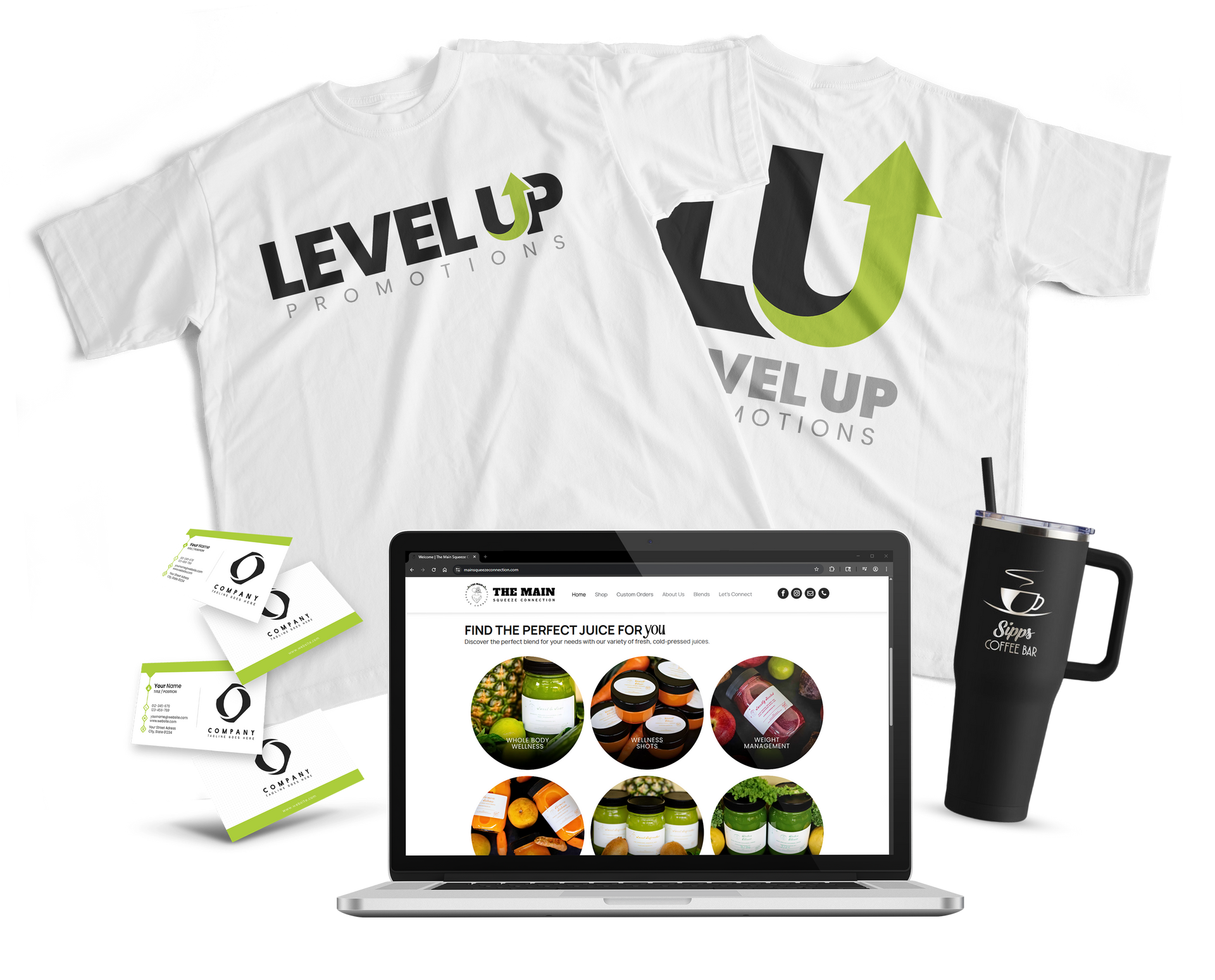 Two white t-shirts, front and back, with the 