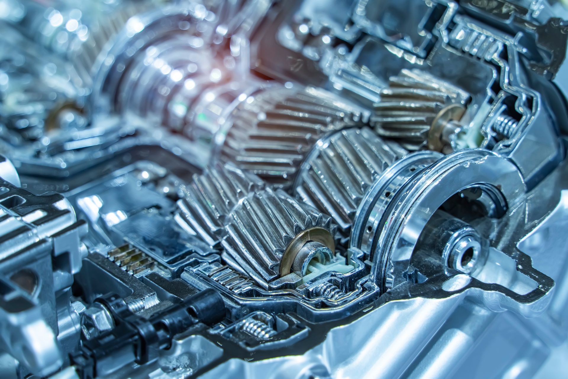 A close up of a gearbox in a car engine.