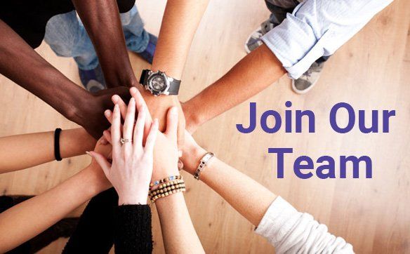 A group of people putting their hands together with the words join our team below them