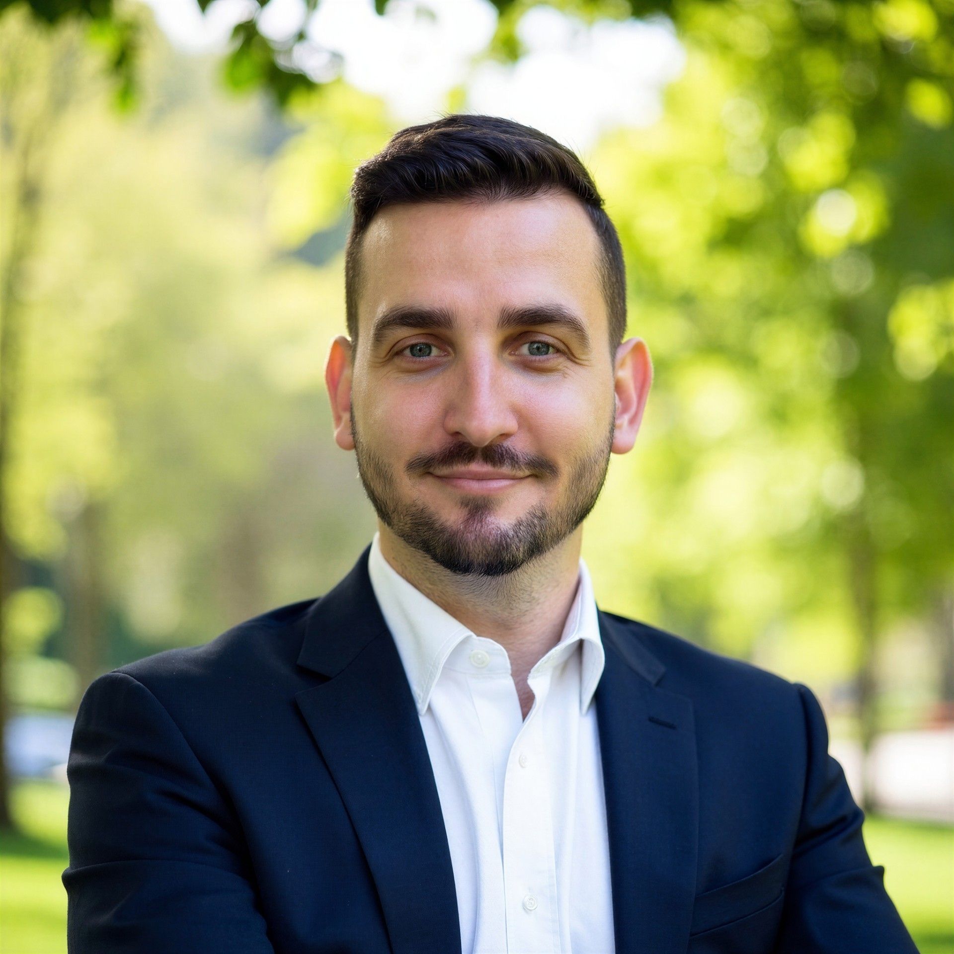 A smiling person with a beard and glasses wears a blue sweater against a dark gray background, hands clasped together.