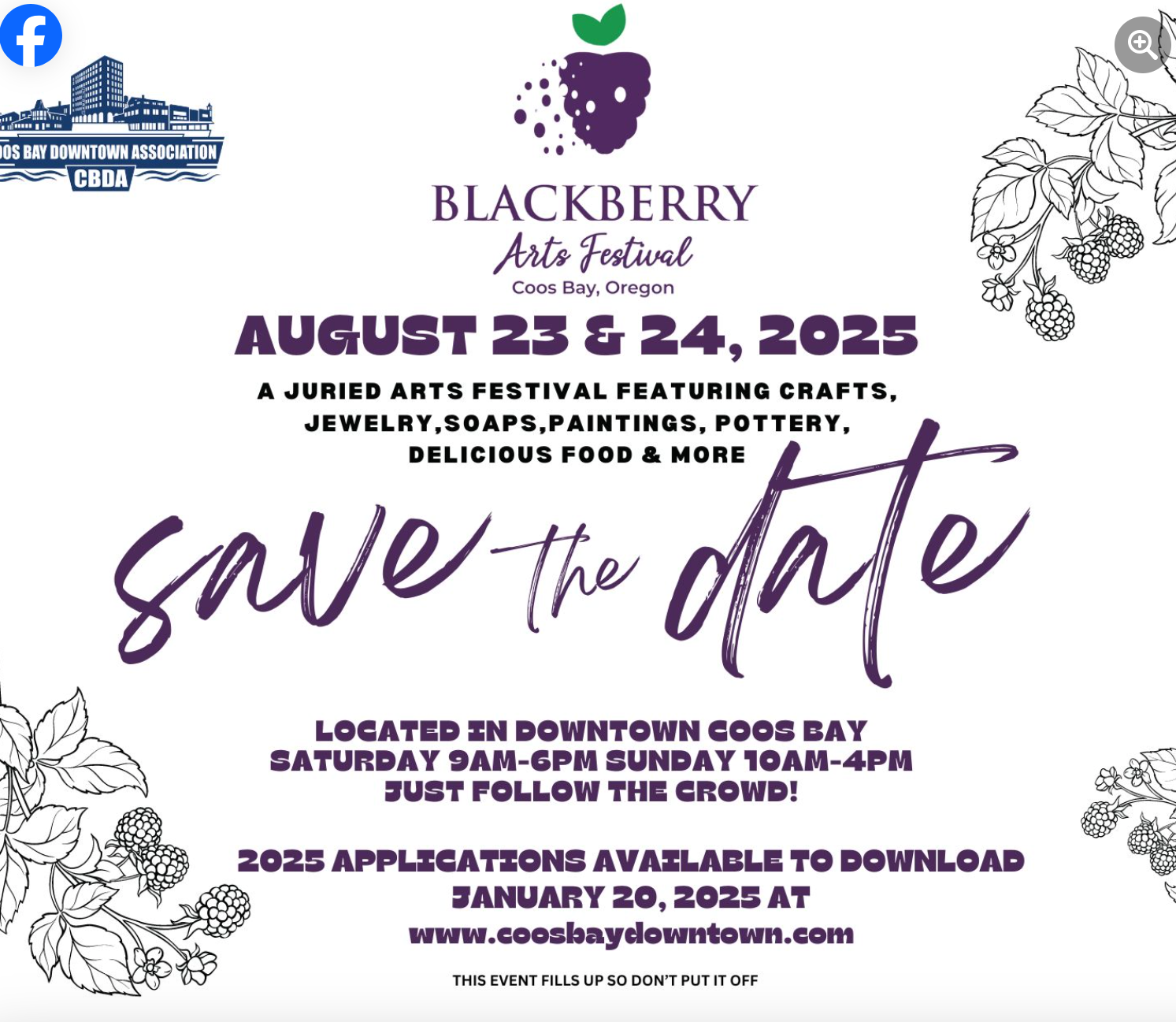 A save the date flyer for the blackberry arts festival