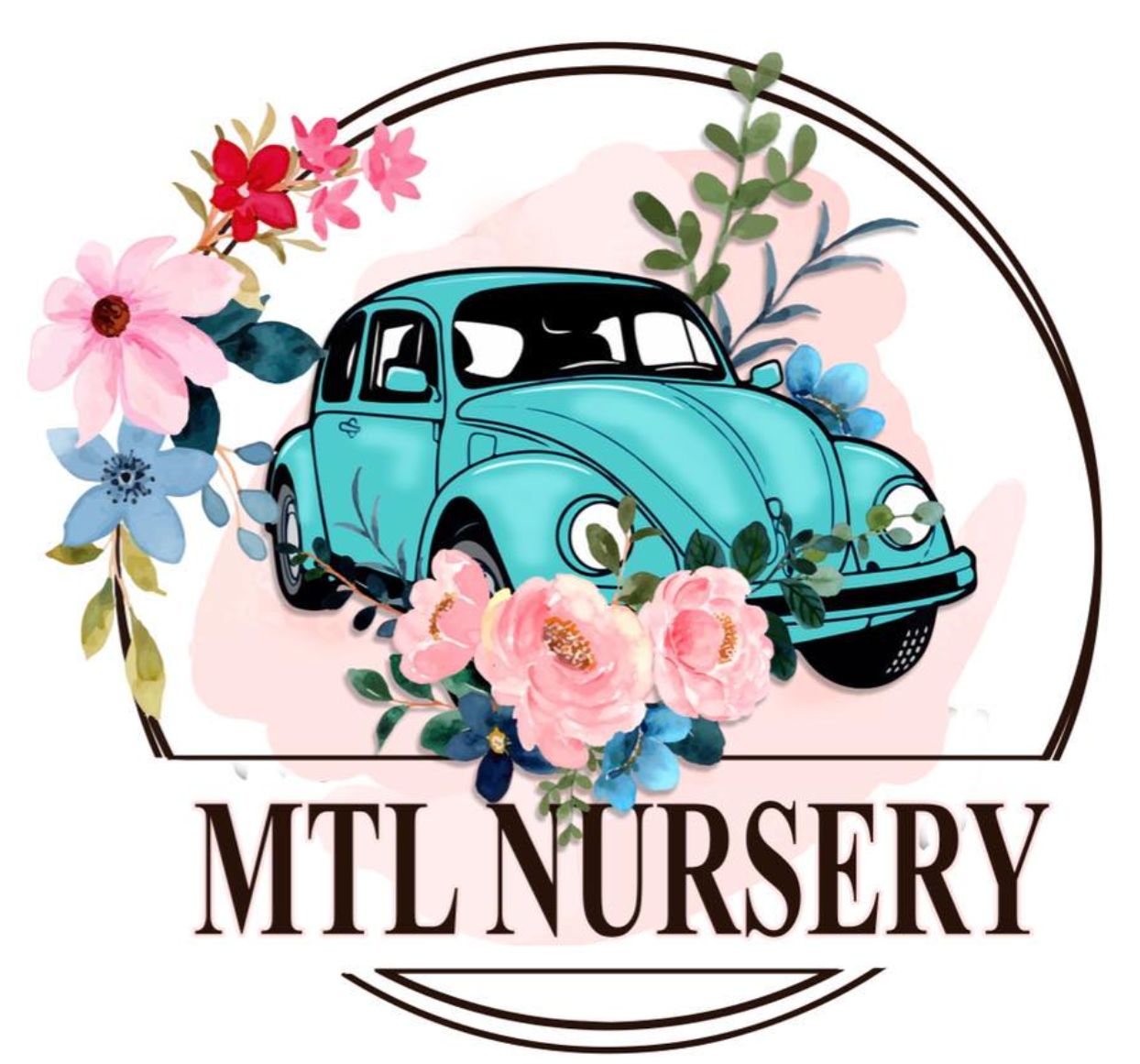 A logo for mtl nursery with a blue car surrounded by pink flowers