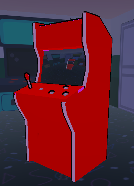 A red arcade machine is sitting in a room.