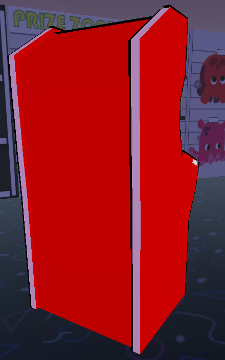 A red arcade machine is sitting in a room.