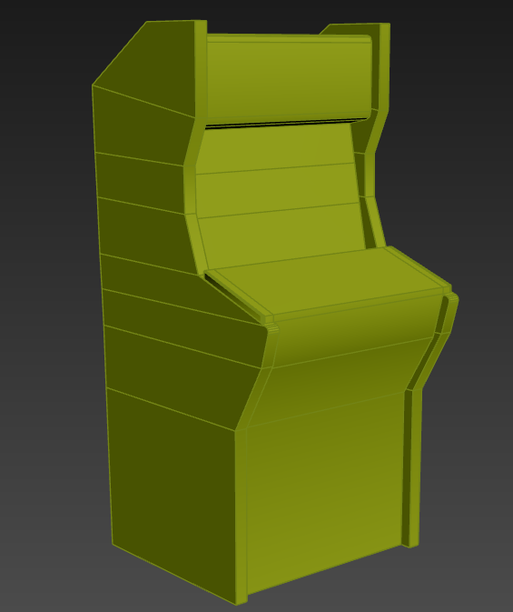 A 3d model of a green arcade machine on a black background.