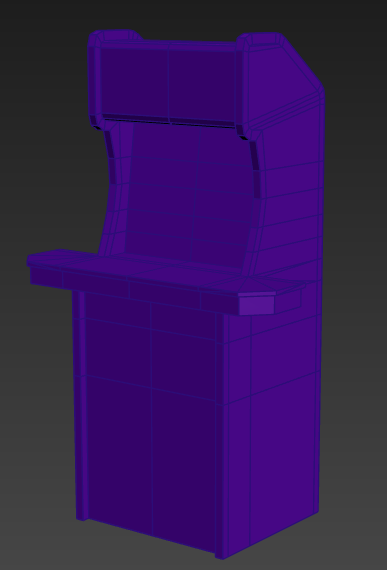 A 3d model of a purple arcade machine on a black background.