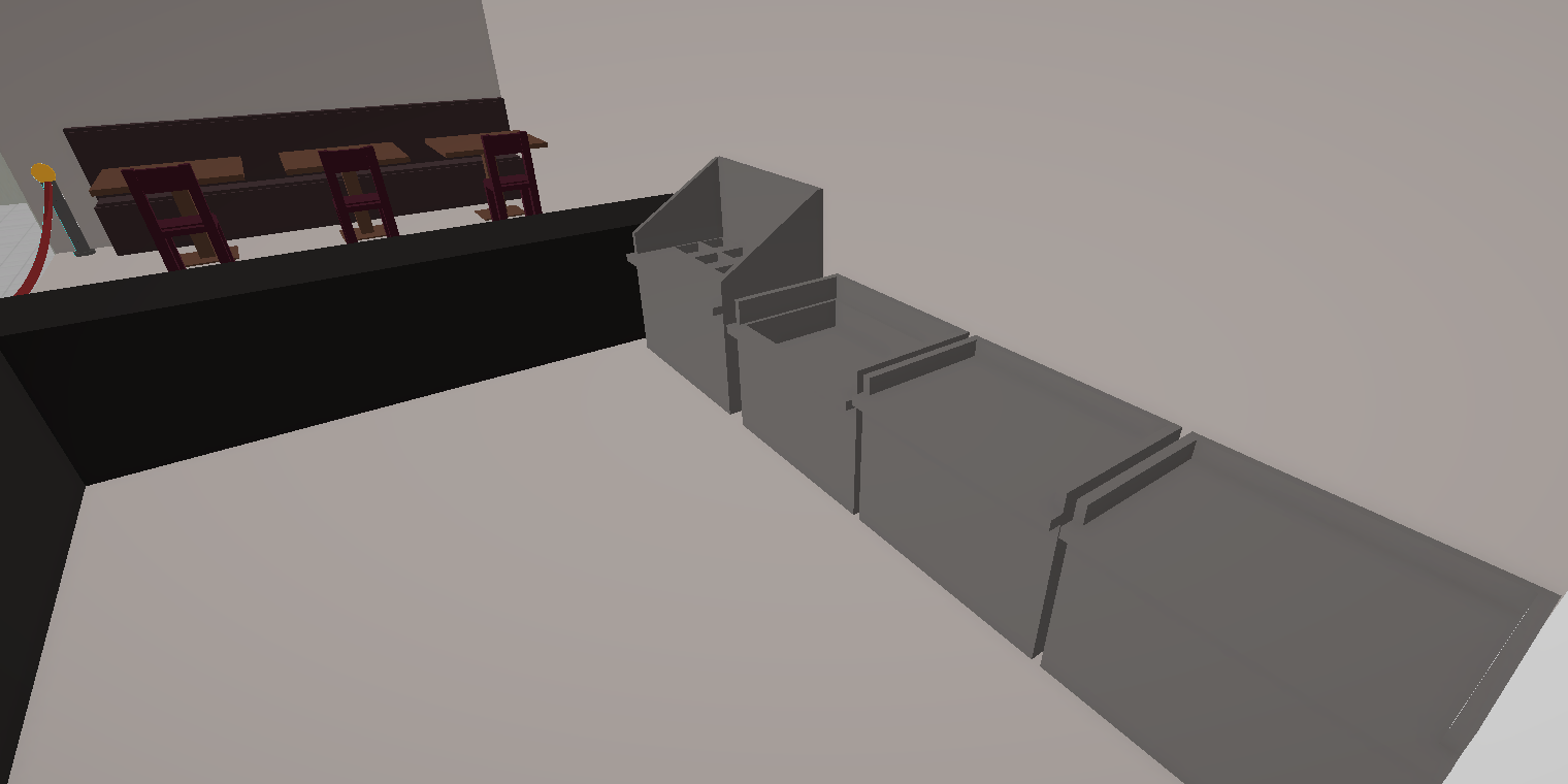 A computer generated image of a room with a staircase and a brick wall.