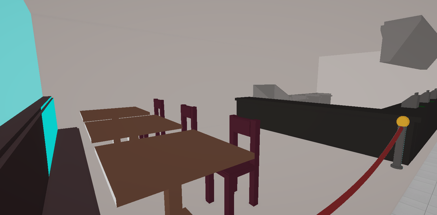 A 3d rendering of a room with a table and chairs.