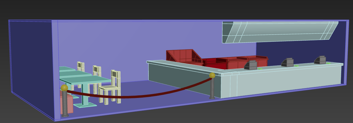A 3d model of a room with a red couch and a red rope.