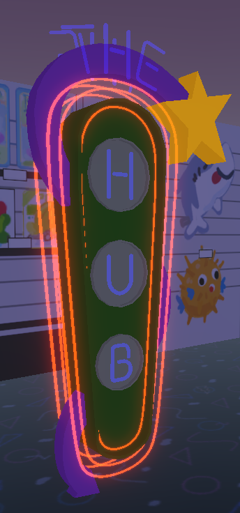 A neon sign for the hub is lit up in a dark room.