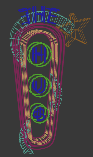 A 3d model of a neon sign with circles and a star.