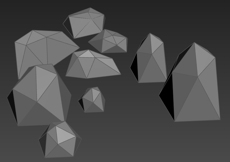 A bunch of rocks made of triangles on a black background.