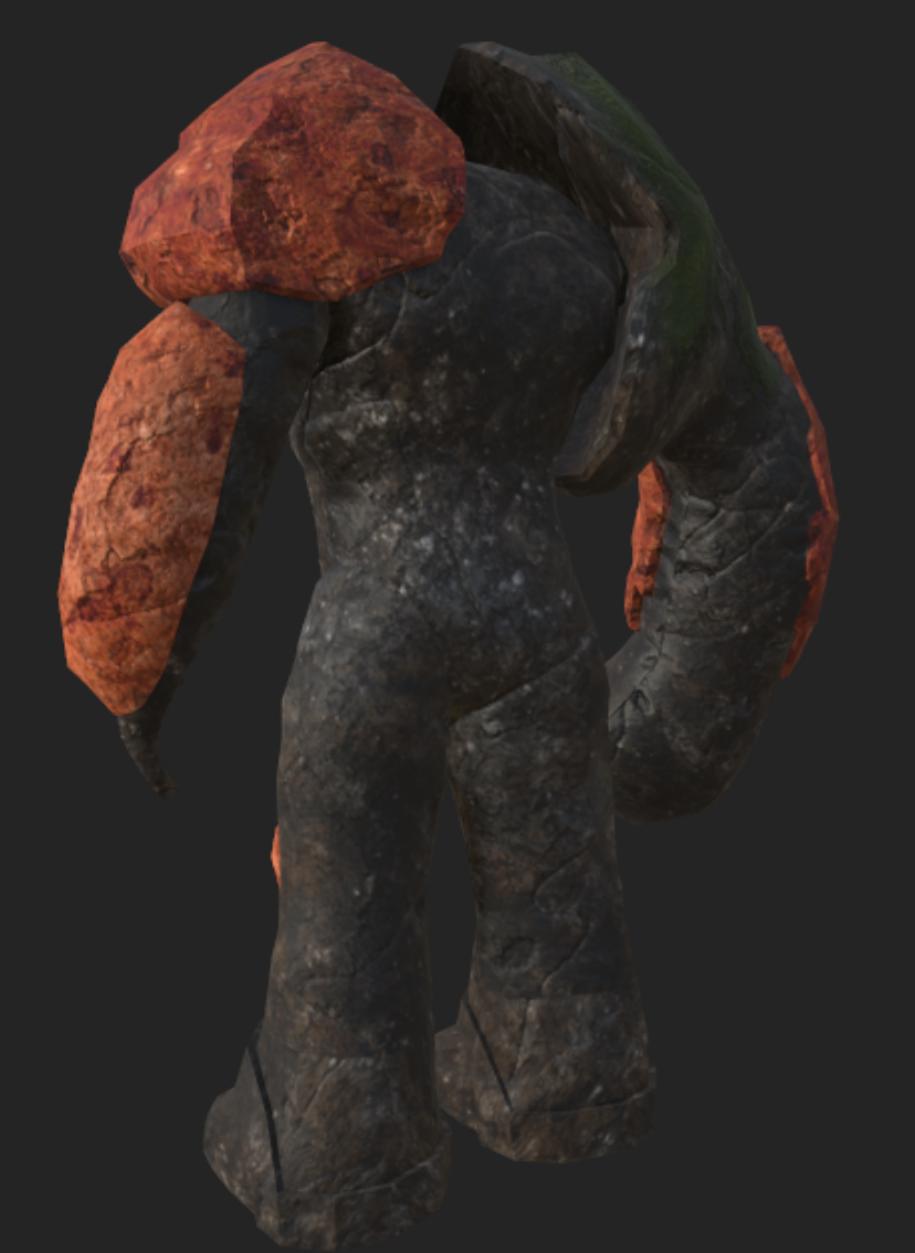 A 3d model of a rock monster with a turtle on its back.