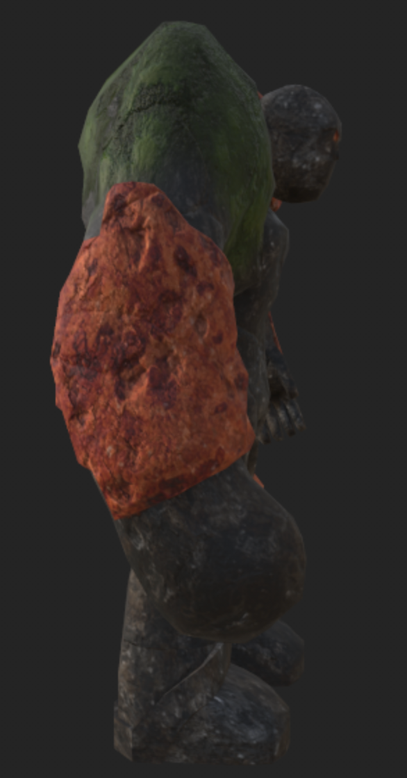 A 3d model of a statue with a large rock on it 's back.