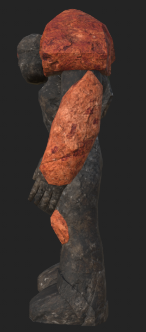 A 3d model of a statue of a man made of rocks.