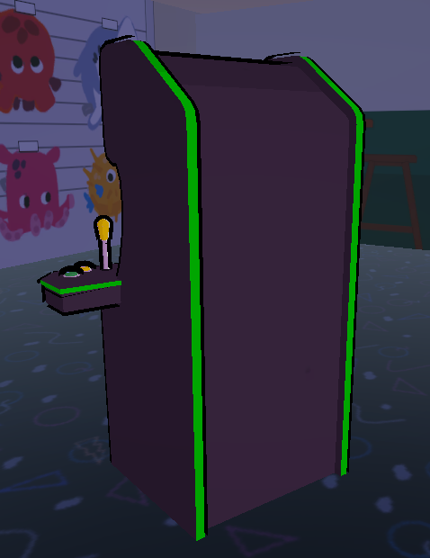 A purple arcade machine with green stripes on the side is sitting in a room.