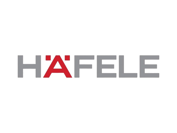 O logotipo da hafele é vermelho e cinza em um fundo branco.