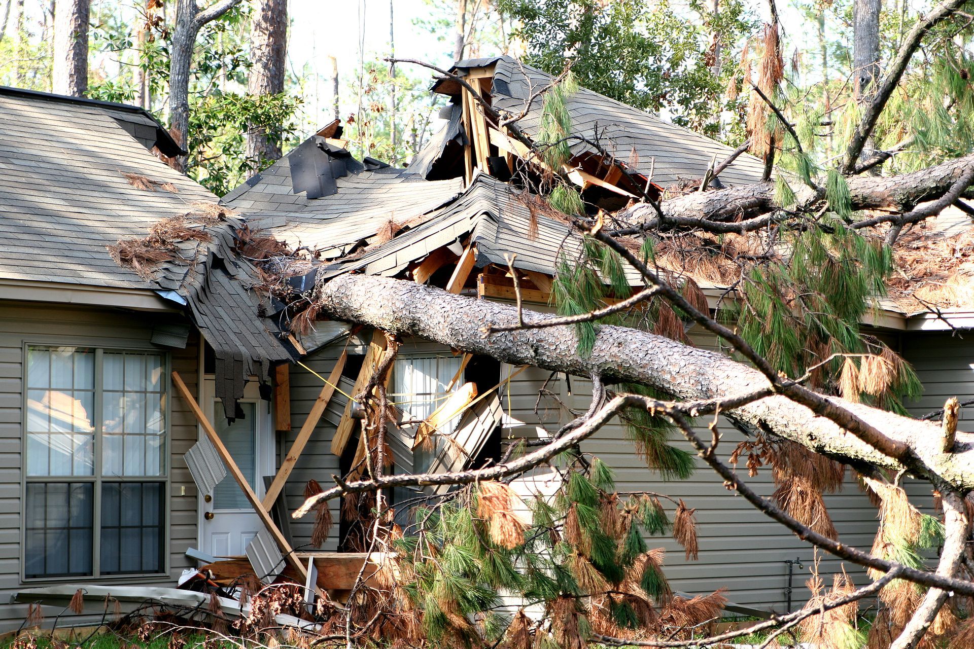 A house with a roof that has been damaged by a tree.