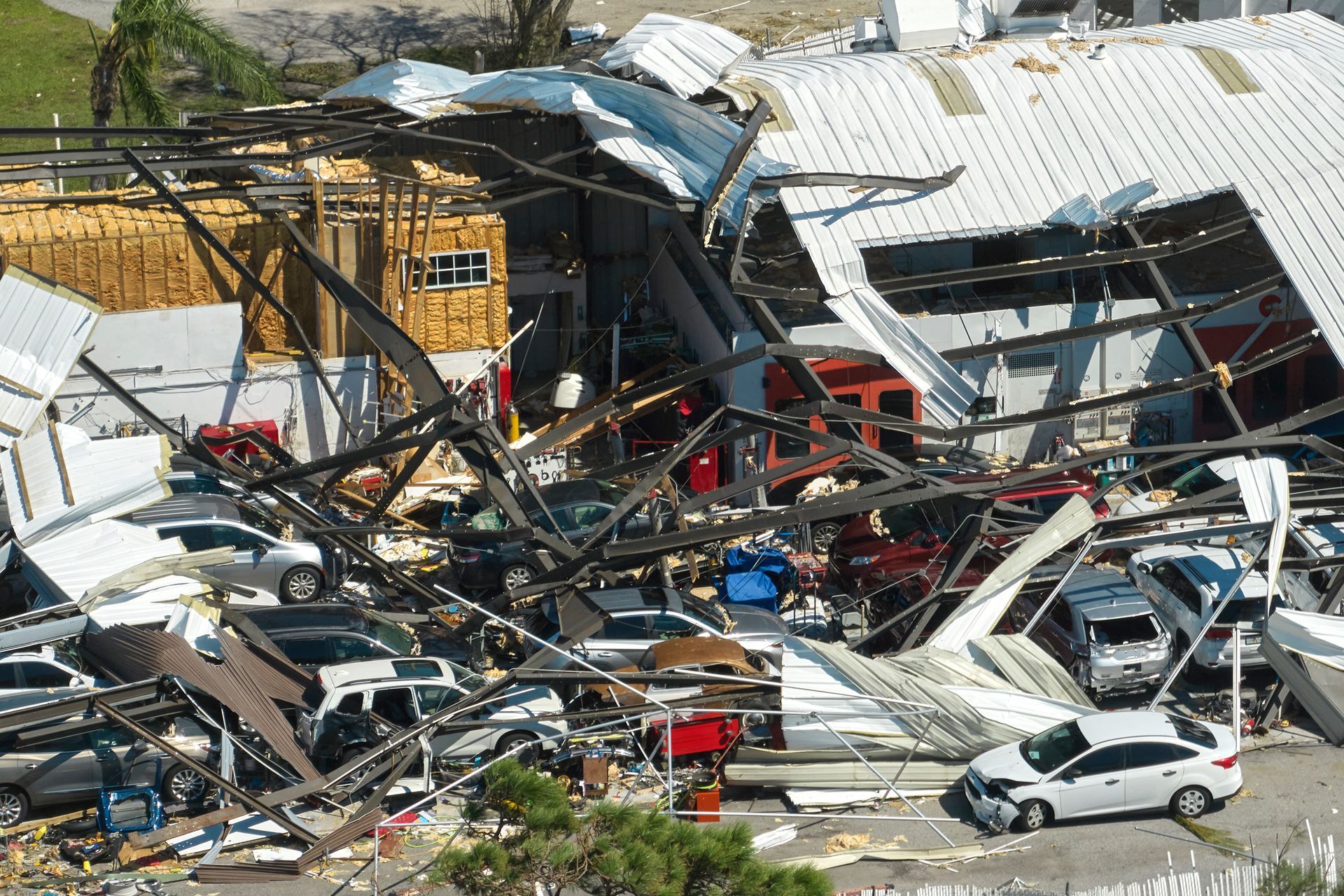 A commercial building damaged by a tornado.