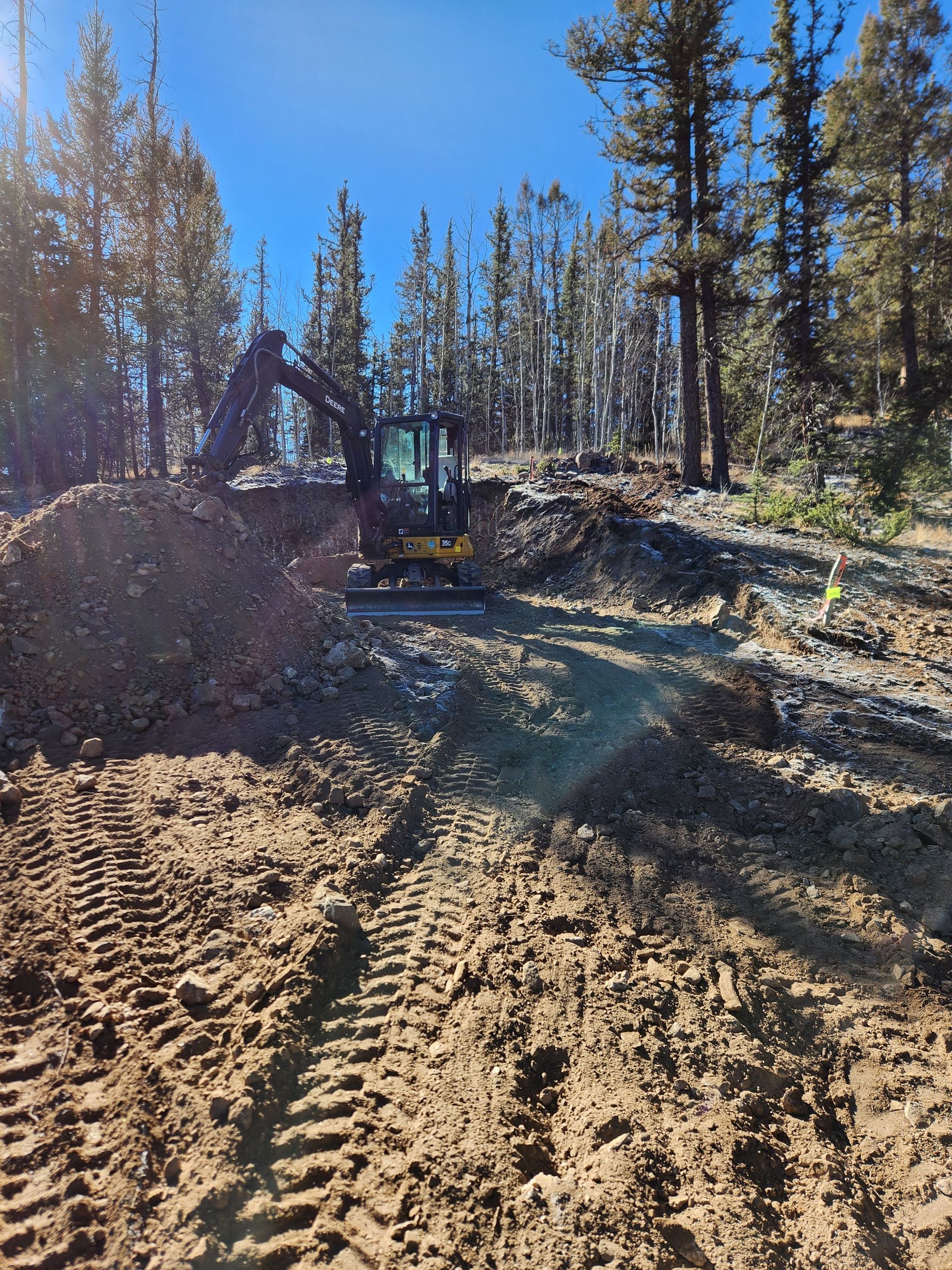 An excavator digs in a dirt lot in a forest, under a bright blue sky.